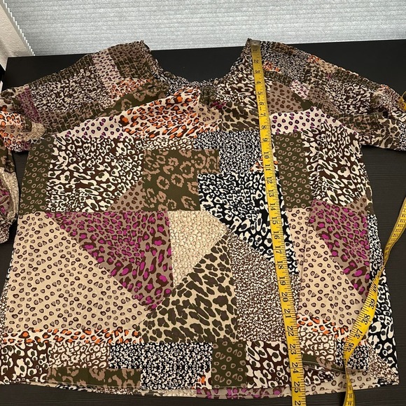 Est. 1946 Brown Leopard Patchwork Smocked Shoulder Long Sleeve Boho Top Size XL - Picture 6 of 8